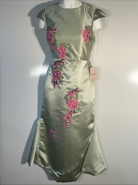 Dreamylily NWT Sage Green Satin Rose Embroidered Maxi Formal Dress Coquette Prom